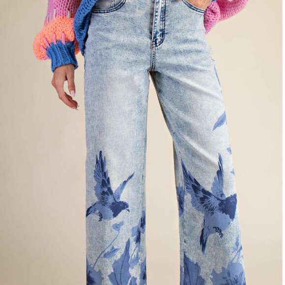 Easel Los Angeles Denim - EASEL Blue Bird Patterned Women's Jeans